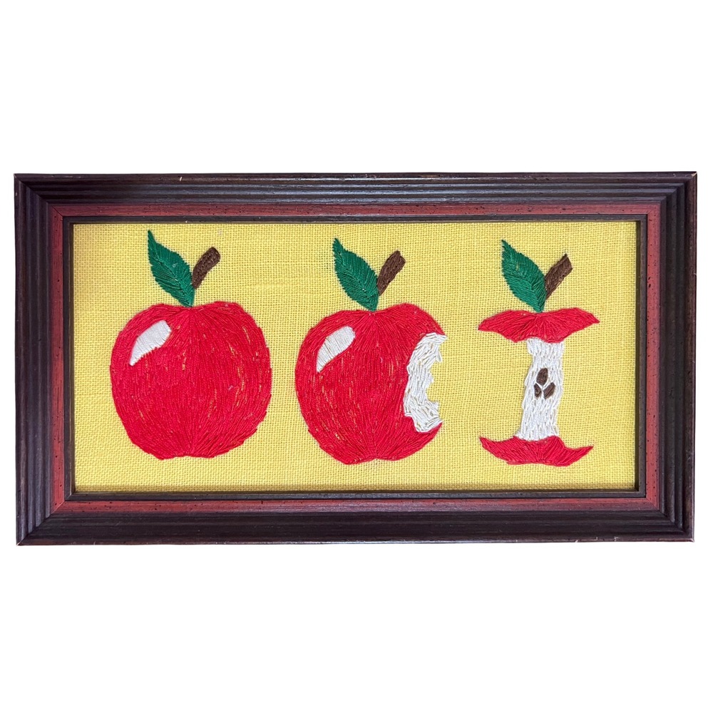 Vintage Handmade Apple Embroidery Burlap Wall Art Framed Fruit Kitchen Decor